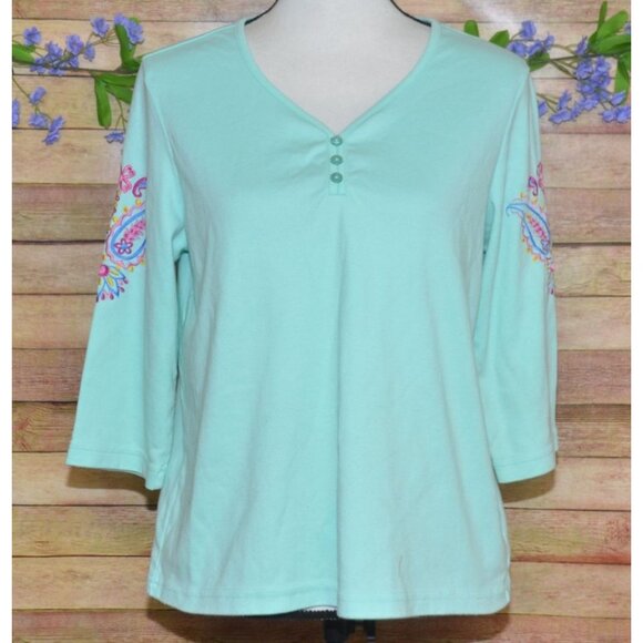 Blair Ladies Mint Green V-Neck 3/4 Sleeve Top M Stretch Casual Floral Embroidere - Picture 1 of 9